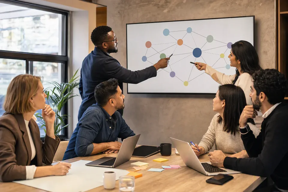 Illustration of a sales team reviewing a customer decision network